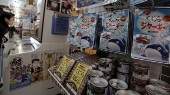 Japan must stop issuing permits to hunt whales in the Antarctic, an international court ruled Monday. Here, packs of whale meat are seen in a specialty store in Tokyo last week. Shizuo Kambayashi/AP
