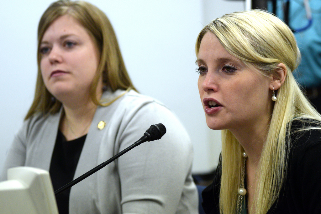 Erin Merryn, a victim of sexual abuse as a child, testifies in the House Education Committee on House Bill 233, also known as Erin's Law. Rep. Geran Tarr is the  bill sponsor. (Photo by Skip Gray/KTOO)