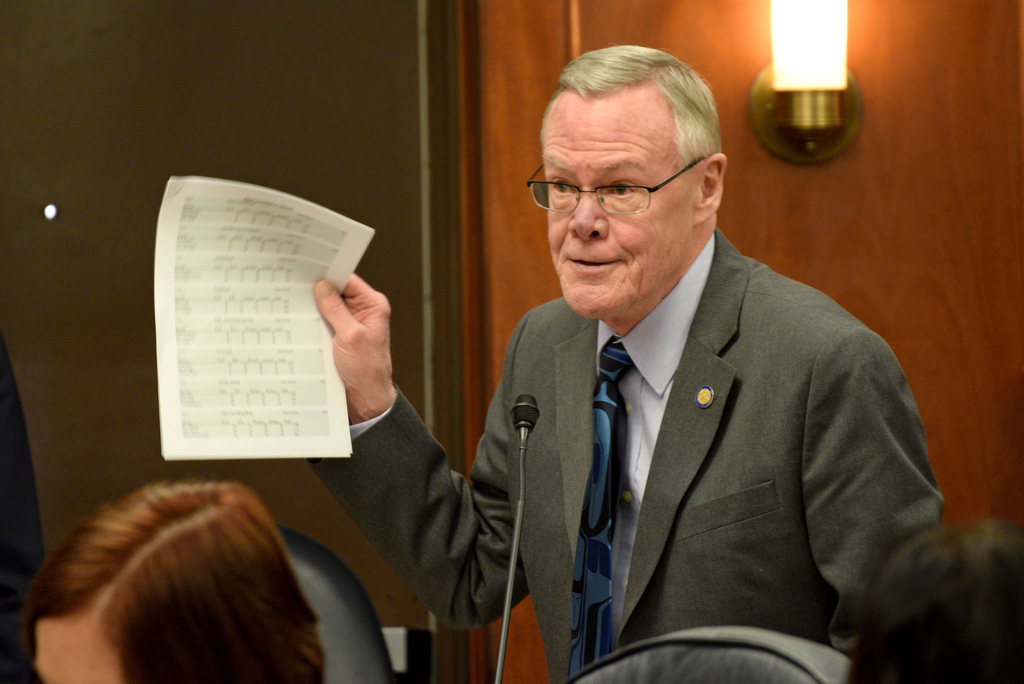 Sen. Dennis Egan, D-Juneau, addresses the Alaska Senate, March 27, 2014. (Photo by Skip Gray/Gavel Alaska)
