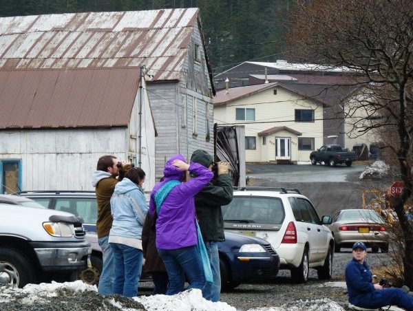 A small crowd of whale watchers use binoculars to view an orca pod from the Douglas Boat Harbor parking lot. (Ed Schoenfeld/CoastAlaska News)