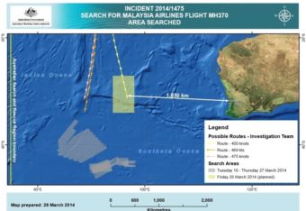 The new search area for Malaysia Airlines Flight 370 is about 1,100 miles west of Perth, Australia. Previous search areas are shaded gray and were about 700 miles to the southwest. Australian Maritime Safety Authority
