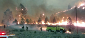 A U.S. Forest Service photo shows firefighters near the perimeter of the Elk Complex fire near Pine, Idaho, last summer. Lawmakers are calling for a change in the way America pays for wildfire disasters. AP