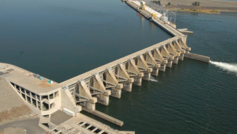 Divers found a 2-inch-wide crack at the bottom of the fourth spillway pier from the left in this photo of the Wanapum Dam. Grant County Public Utility District