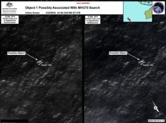 Satellite imagery provided to the Australian Maritime Safety Authority of objects that may possible debris of the missing Malaysia Airlines Flight 370. Australian Maritime Safety Authority