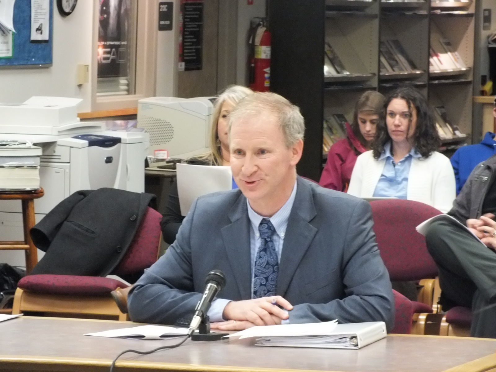 Brian Holst co-chaired the Juneau School District Budget Committee this year. He presented the committee's recommendations to the school board Tuesday night. (Photo by Casey Kelly/KTOO)