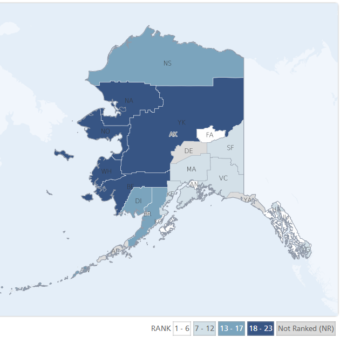 A map ranking the health of the 27 communities in Alaska. (County Health Rankings)