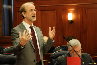 Sen. Hollis French speaks on the floor of the Senate during an hours-long debate on SB 138 related to an Alaska gas pipeline, March 18, 2014. (Photo by Skip Gray/Gavel Alaska)