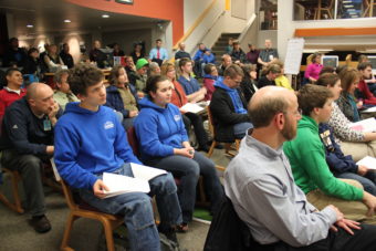 Tuesday night's Board of Education meeting to discuss the school budget had a packed audience. (Photo by Lisa Phu/KTOO)