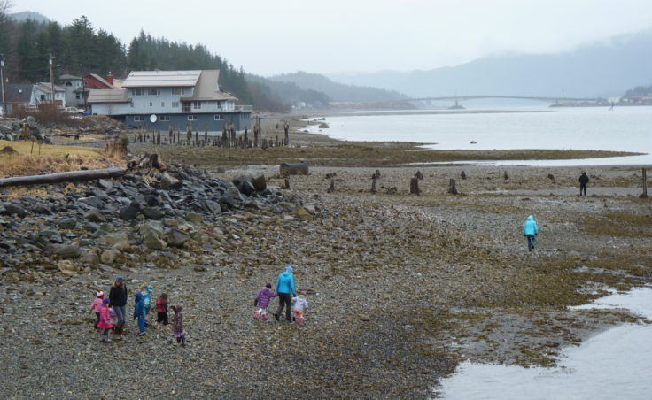 Preschoolers walk across tidal flats to view an orca pod off Douglas Island Thursday afternoon. (Ed Schoenfeld/CoastAlaska News)