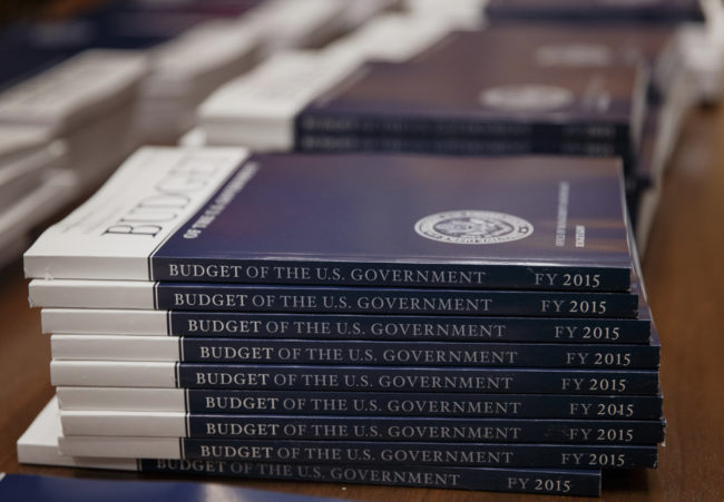 Copies of President Obama's proposed budget for fiscal 2015, after they were delivered to the Senate Budget Committee on Tuesday. J. Scott Applewhite/AP