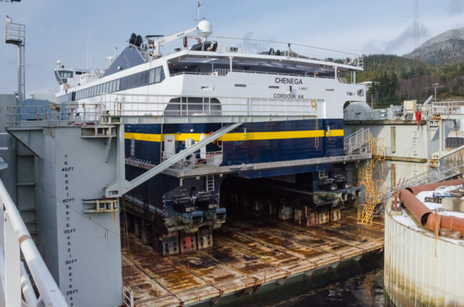 The M/V Chenega up on blocks in drydock at the Ketchikan Shipyard for maintenance and repairs. The Chenega is one of two fast ferries in the Alaska Marine Highway System. The ship has a service speed of 32 knots.