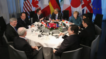 President Obama and other leaders met in The Hague. Clockwise from bottom left: European Union Council President Herman Van Rompuy, Canadian Prime Minister Stephen Harper, French President Francois Hollande, British Prime Minister David Cameron, Obama, German Chancellor Angela Merkel, Japanese Prime Minister Shinzo Abe, Italian Prime Minister Matteo Renzi and EU President Jose Manuel Barroso. Sean Gallup/Getty Images