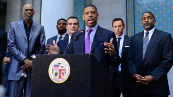 Former and current NBA players (from left) Kareem Abdul-Jabbar and Roger Mason, along with Los Angeles Mayor Eric Garcetti, Sacramento Mayor Kevin Johnson and the Lakers' Steve Nash and former Laker and Clipper Norm Nixon, welcome the NBA's ban of Clippers owner Donald Sterling Tuesday. Noel Vasquez/Getty Images