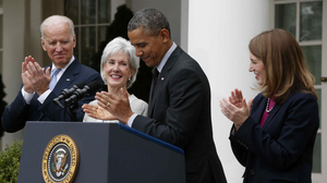 Vice President Biden (from left), Health and Human Services Secretary Kathleen Sebelius, President Obama and Budget Director Sylvia Mathews Burwell at the White House Friday. Sebelius is stepping down. Burwell is being nominated to replace her. Charles Dharapak/AP
