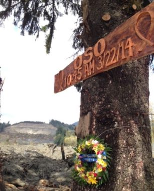 A memorial erected by rescue workers near the site of the March 22 mudslide that killed at least 39 people. Martin Kaste/NPR