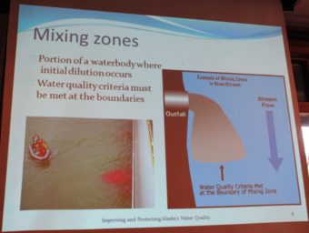 A slide from Michelle Hale’s presentation shows how mixing zones work. (Photo by Leila Kheiry/KRBD)