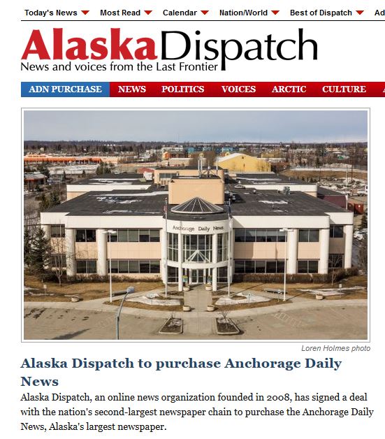 The homepage of the Alaska Dispatch after the sale was announced.