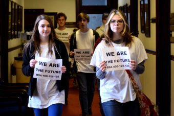 A pack of 18 youths walked the halls of the State Capitol, April 16, 2014, in a silent demonstration asking for more education funding. Bridget Galvin, a junior at Steller Secondary School in Anchorage and founder of Students With a Voice organized the event. (Skip Gray/Gavel Alaska)