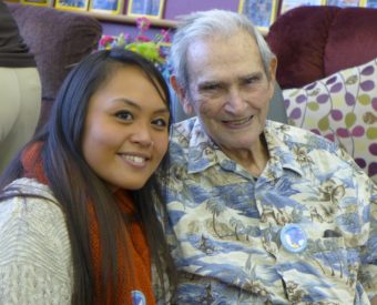 Bob Janes and Marina Rae Caparas, a Certified Nurse Aide at the Juneau Pioneers’ Home, during the 25th anniversary party for the home on Nov. 16, 2013. (Photo courtesy of Dick Isett).