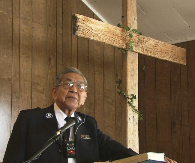 Cyriil George Sr. in 2007, speaking at Angoon Presbyterian Church, where his son Joey is pastor. (Photo by Skip Gray/KTOO)
