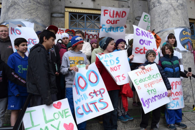 Students from the Juneau Charter School participate in a rally on the Capitol steps organized by the Great Alaska Schools coalition, April 4, 2014. (Photo by Skip Gray/Gavel Alaska)