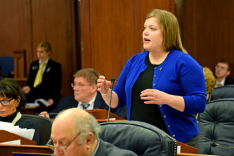 Rep. Geran Tarr addresses the Alaska House of Representatives on April 10, 2014, during debate on Senate Bill 49. The bill aims to limit Medicaid coverage of abortion to only "medically necessary" ones. (Photo by Skip Gray/Gavel Alaska)