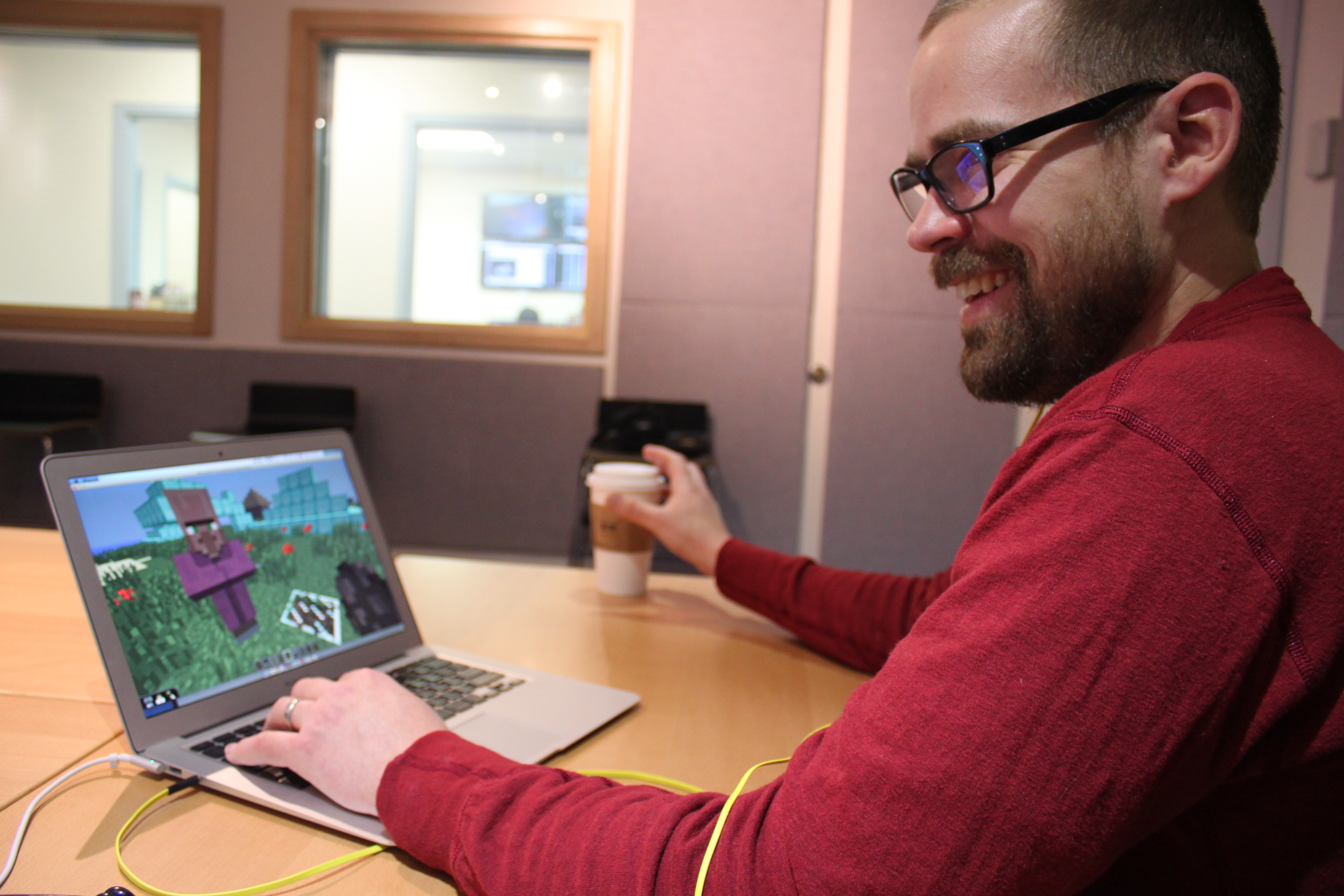 UAS graduate student Colin Osterhout recreated the area of the "Monster Lobe" inside Minecraft. He's also built Juneau and Douglas in the virtual world. (Photo by Lisa Phu/KTOO)