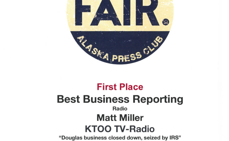 Matt Miller won first place in radio business reporting for his piece “Douglas business closed down, seized by IRS.”