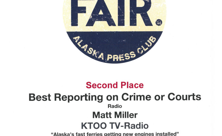 Matt Miller won second place in radio reporting on crime for his piece “Alaska’s fast ferries getting new engines installed.”