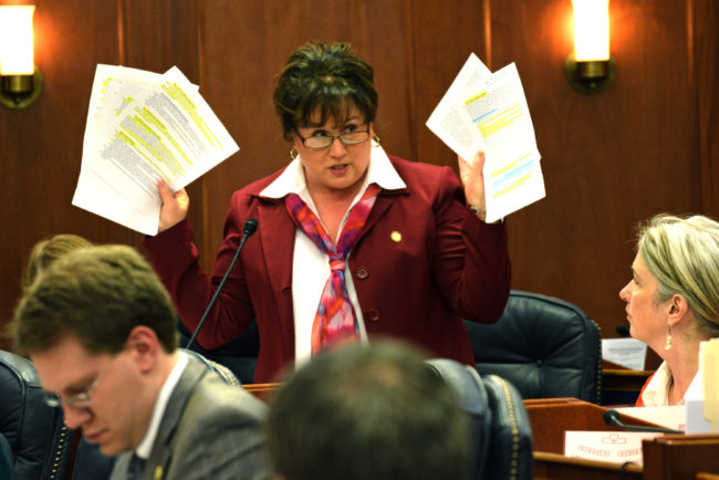 Rep. Lynn Gattis addresses the Alaska House of Representatives during debate on House Bill 268, the Governors education funding bill, April 7, 2014. (Photo by Skip Gray/Gavel Alaska)