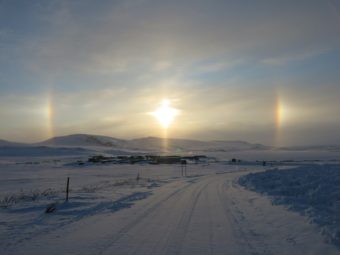 A sun dog above the entrance to Toolik Field Station, 111 miles south of Prudhoe Bay. (Photo by Ned Rozell)