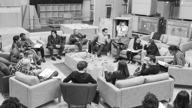 J.J Abrams (top center right) at the cast read-through of Star Wars: Episode VII on Tuesday with Harrison Ford (clockwise from right), Daisy Ridley, Carrie Fisher, Peter Mayhew, Producer Bryan Burk, Lucasfilm President and Producer Kathleen Kennedy, Domhnall Gleeson, Anthony Daniels, Mark Hamill, Andy Serkis, Oscar Isaac, John Boyega, Adam Driver and Writer Lawrence Kasdan. David James