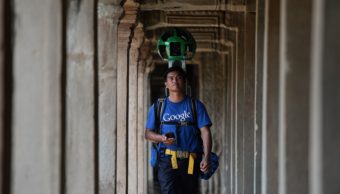 A Cambodian technician carries a backpack-mounted "Trekker" device housing 15 cameras as he demonstrates the technique used to digitally map the Angkor complex in Cambodia. Christophe Archambault/AFP/Getty Images