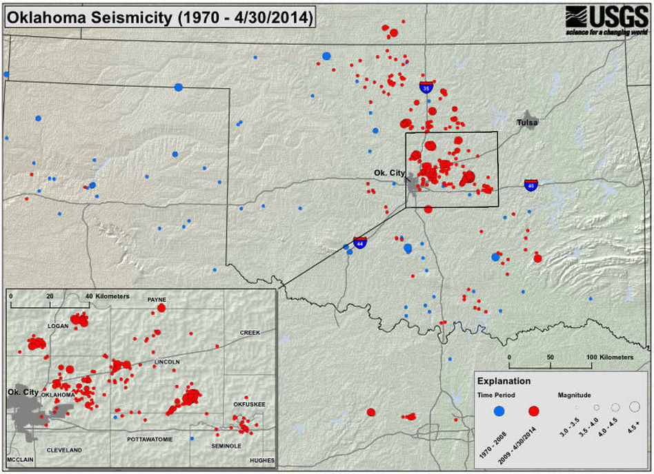 A map showing seismic activity in Oklahoma since 1970. United States Geological Survey