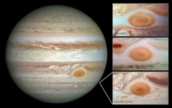 NASA images showing Jupiter's gradually shrinking Great Red Spot. Hubble Space Telescope/NASA