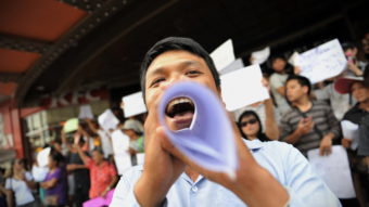 Protesters shout slogans during an anti-coup rally on Saturday in Bangkok, Thailand. Rufus Cox/Getty Images