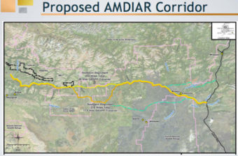 Two potential routes for the the prosed Ambler Mining District Industrial Access Road. (Map courtesy AIDEA)