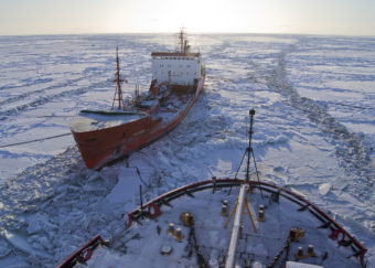 The Russian-flagged tanker Renda, carrying more than 1.3 million gallons of fuel, sits in the ice while the Coast Guard Cutter Healy crew breaks the ice around the tanker approximately 19 miles northwest of Nunivak Island Jan. 6, 2012. (Photo courtesy U.S. Coast Guard Cutter Healy)