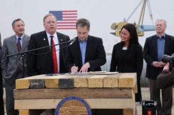Governor Sean Parnell signed in-state gasline legislation at the Pipeline Training Center in Fairbanks. Pictured: Representative Jay Ramras, Representative Mike Chenault, Governor Sean Parnell, Senator Lesil McGuire, and Scott Heyworth (Photo from Governor's Office press release)