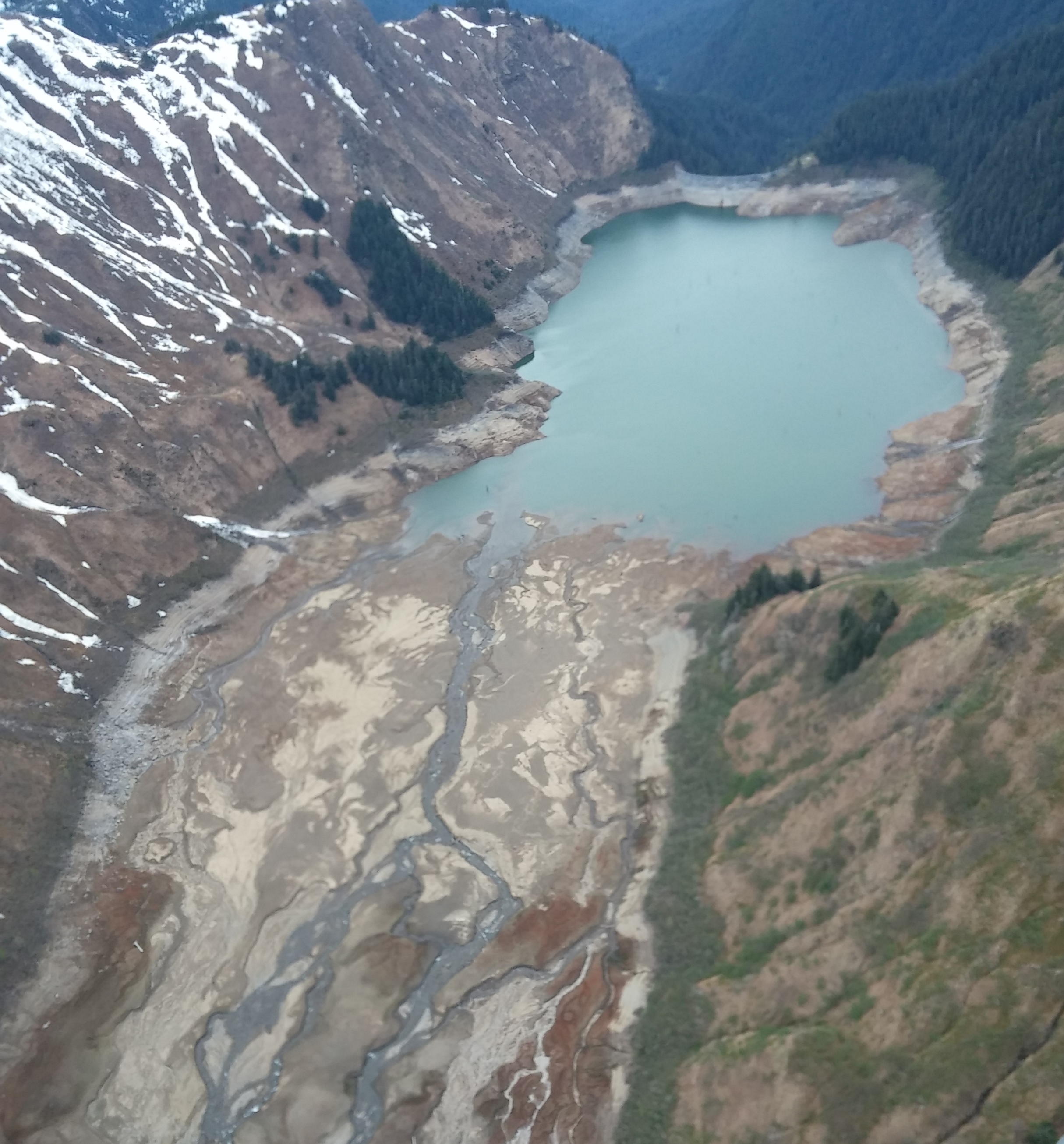 Channels at the upper end of Salmon Creek may be the source of much of the turbidity in the lake during spring runoff. (Photo courtesy Scott Willis/Alaska Electric Light and Power) 