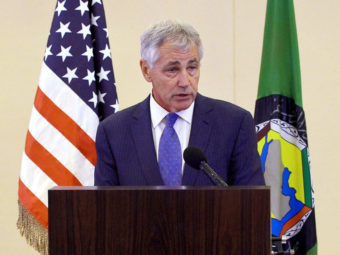 Defense Secretary Chuck Hagel speaks during a news conference after attending the Gulf Cooperation Council meeting in Jiddah, Saudi Arabia, on Wednesday. Hagel confirmed that the U.S. was using drones to search for 270 kidnapped Nigerian schoolgirls. Mandel Ngan/AP