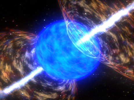 Gamma ray bursts are beams of high-energy particles that shoot from the explosions of dying stars. NASA/Skyworks Digital