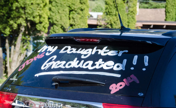 A proud parent's car in the JDHS parking lot. (Photo by Heather Bryant/KTOO)