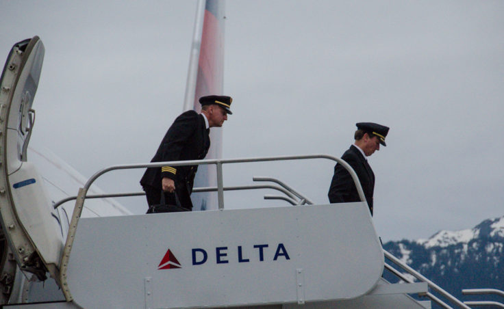 Captain Mike Spradlin and Captain Chas Ruth piloted the inaugural Delta flight. (Photo by Heather Bryant/KTOO)