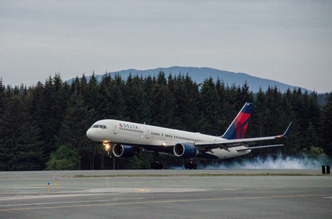 Delta's first flight of the summer season touched down in Juneau at 8:49 p.m. May 30 with 120 passengers from Seattle. (Photo by Heather Bryant/KTOO)