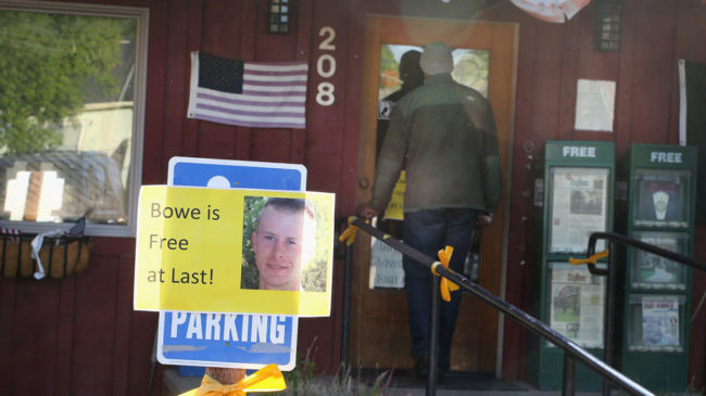 Hailey, Idaho: A sign announcing the release of Sgt. Bowe Bergdahl outside Zaney's coffee shop, where Bergdahl worked as a teenager. A rally celebrating his return home has been canceled, after organizers received threats of protests and hate mail. Scott Olson/Getty Images