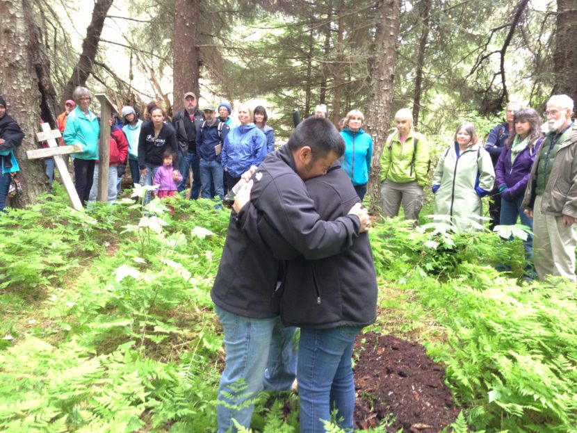 Martin Stepetin and wife Ann embrace when Martin breaks down in tears. Originally from St. Paul, Stepetin has family members who were interned in Funter Bay, 50 miles north of Killisnoo.