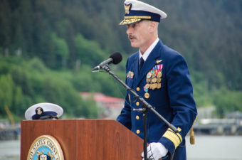 Rear Adm. Tom Ostebo thanked the men and women under his command. (Photo by Heather Bryant/KTOO)
