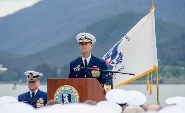 Pacific Area Commander, Vice Adm. Charles Ray praised Rear Adm. Tom Ostebo's leadership during his 3 years of command in Alaska. (Photo by Heather Bryant/KTOO)