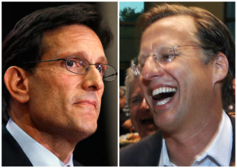 House Majority Leader Eric Cantor, R-Va., left, and Dave Brat react after the polls closed Tuesday. Brat defeated Cantor in the Republican primary, a result that shocked many political analysts. AP